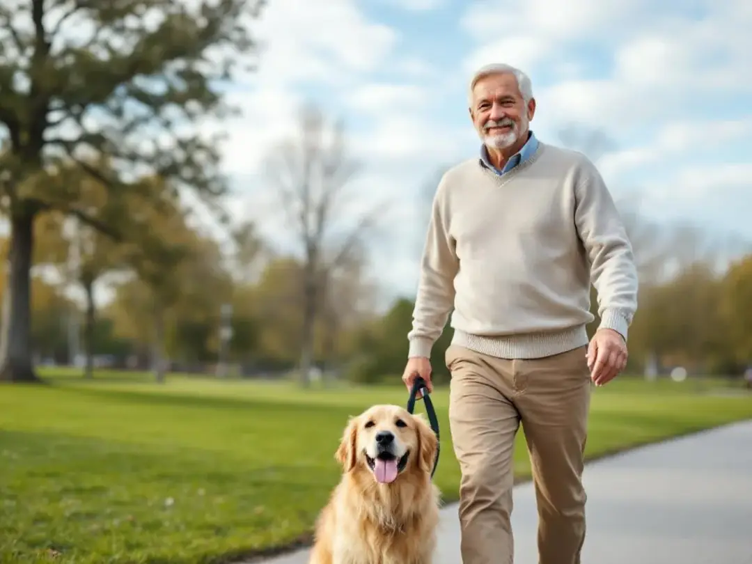 A senior man is walking a medium-sized dog, possibly a Cavalier King Charles Spaniel or a Shih Tzu, in a park...