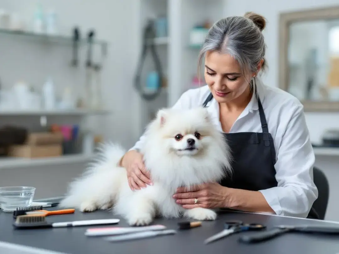 A senior woman is gently grooming a small dog, likely a Cavalier King Charles Spaniel or a Shih Tzu, on a table...
