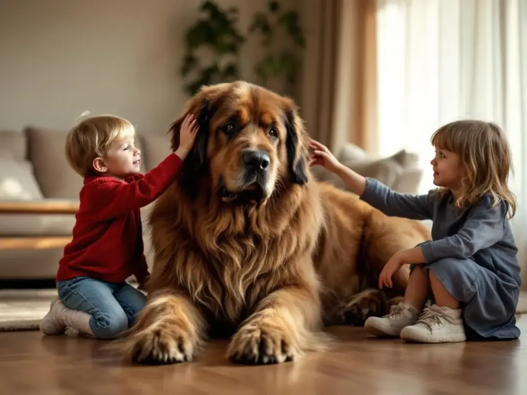 In a cozy living room, a large Newfoundland dog sits patiently as two small children gently pet its head, showcasing...