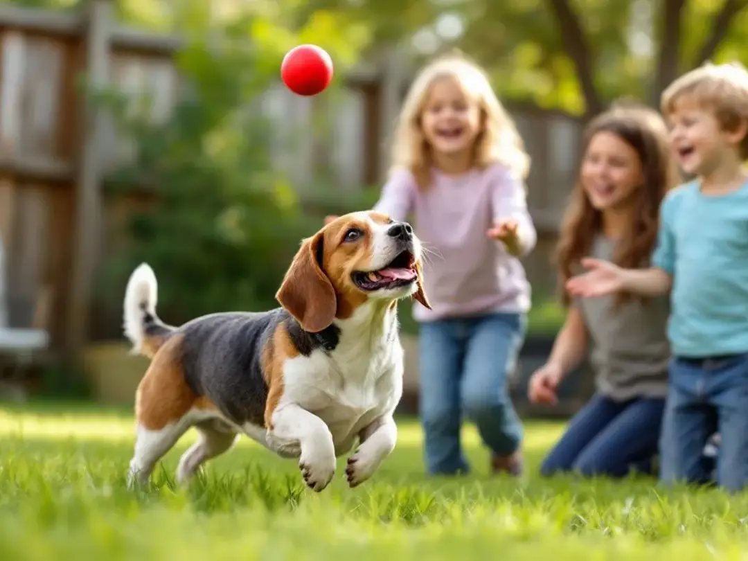 In a fenced backyard, a medium-sized Beagle joyfully plays fetch with three young children, showcasing its friendly and...