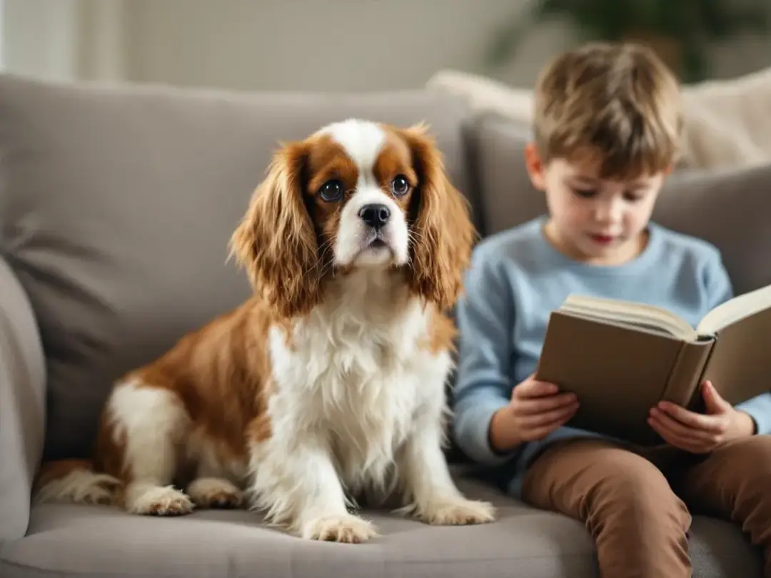 A small Cavalier King Charles Spaniel sits calmly on a couch next to a young child who is engrossed in reading a book...