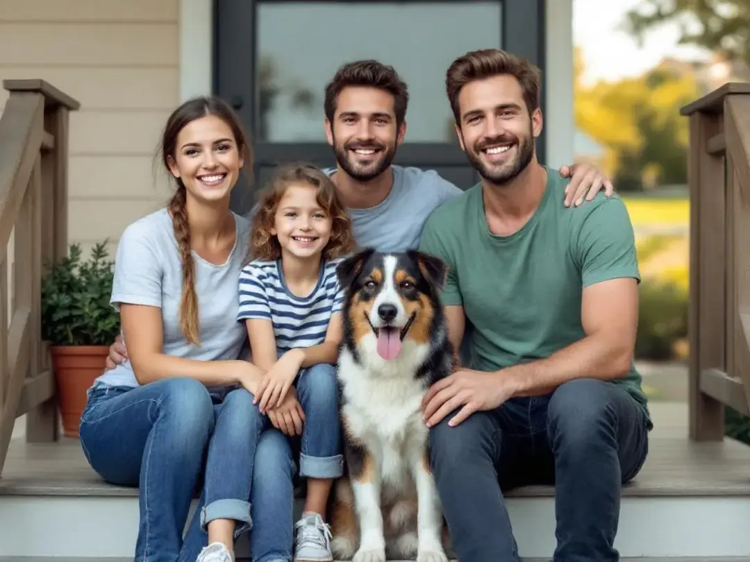 A family of five, consisting of a mother, father, and three children of varying ages, sits together on the steps of...
