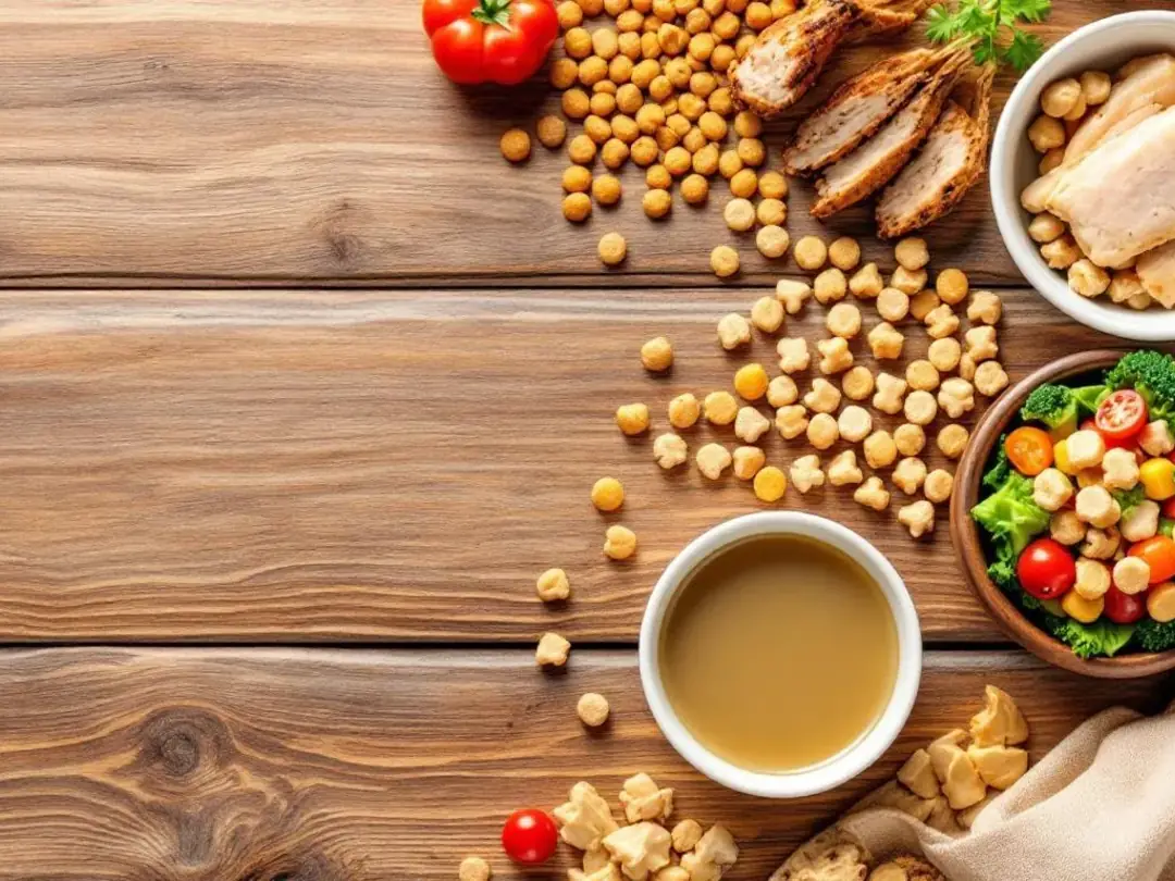 In the image, various types of dog kibble and fresh food portions are displayed on a wooden surface, showcasing a...