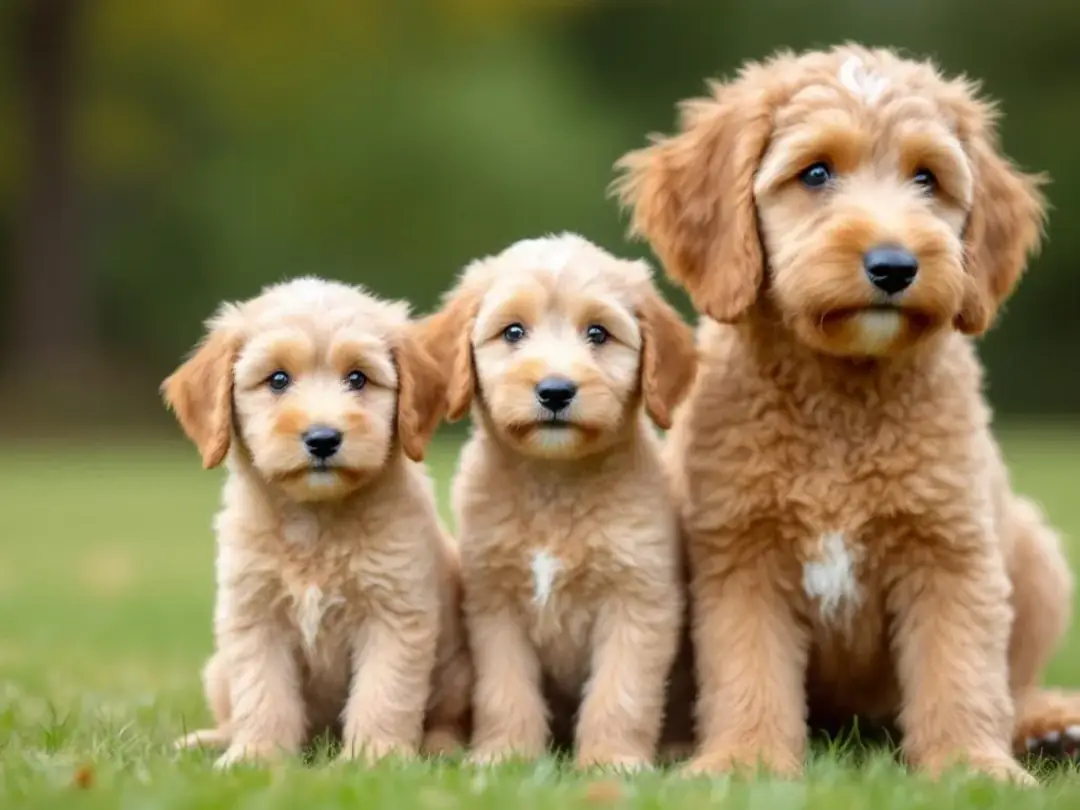 A mini Goldendoodle puppy stands next to an adult standard Goldendoodle, showcasing the size difference between the...