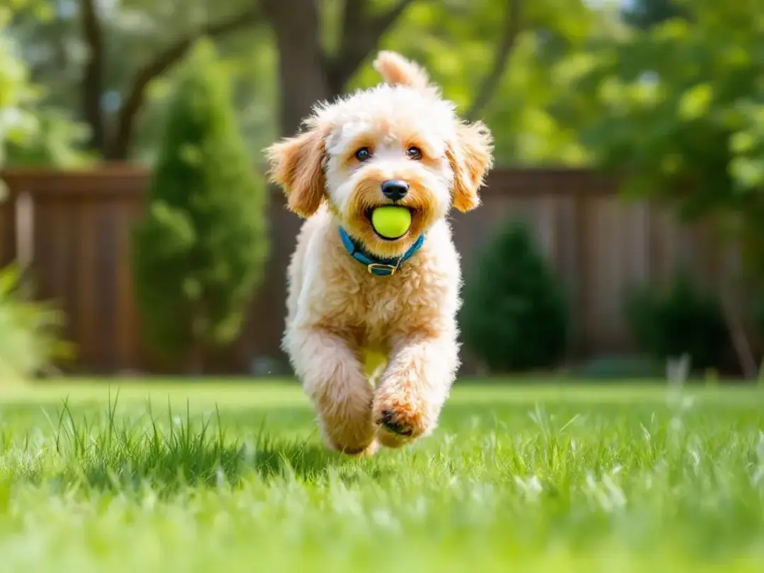 A playful goldendoodle is joyfully fetching a ball in a lush grassy yard, showcasing its energetic and active nature...