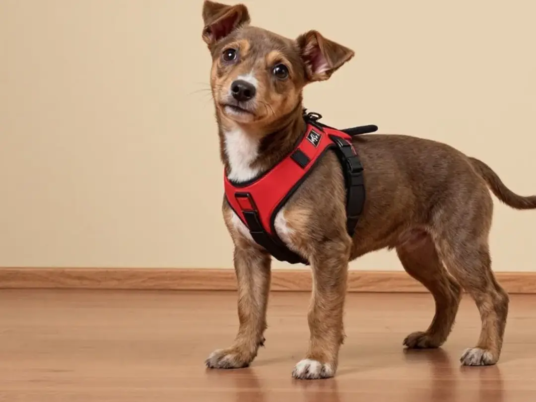 The image shows a playful puppy wearing a dual-clip harness, featuring both front and back attachment points for better...