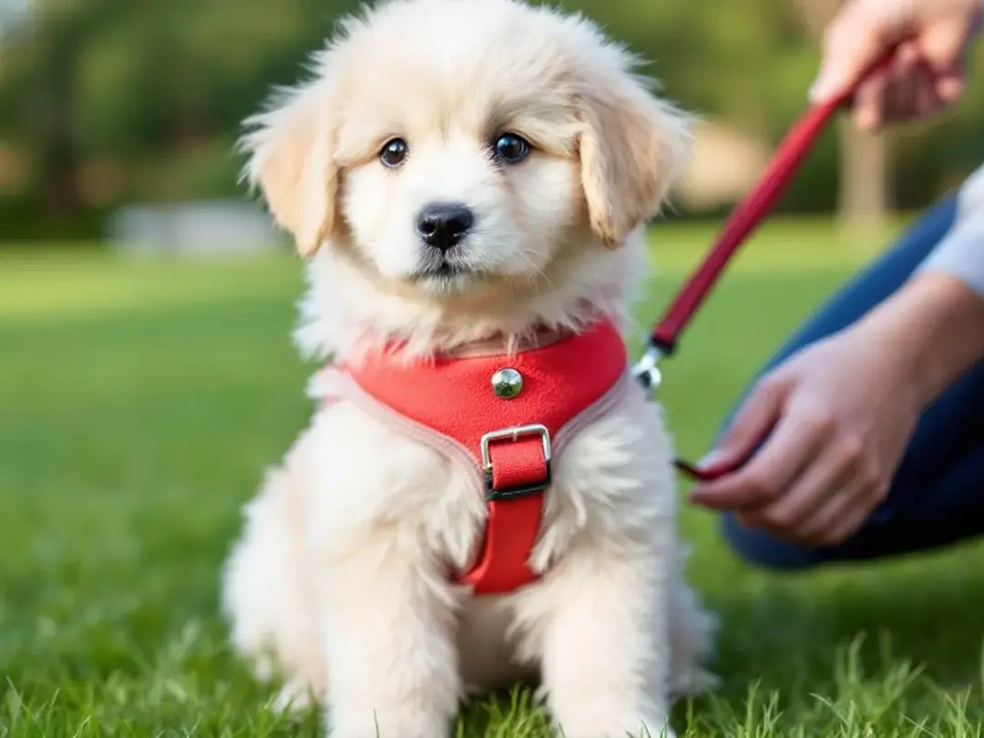 A comfortable-looking puppy is wearing a padded no-pull harness during a training session, showcasing its secure fit...