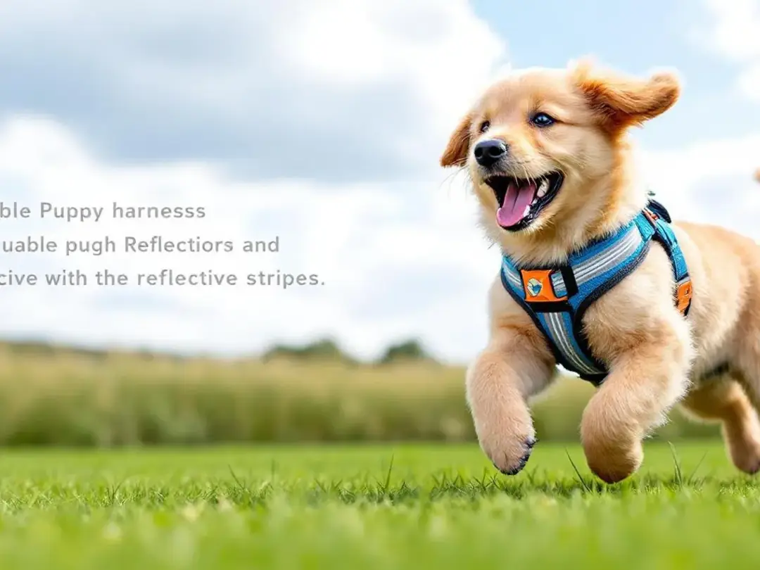 An energetic puppy is playing outdoors while wearing a sturdy dog harness with reflective details, designed to provide...