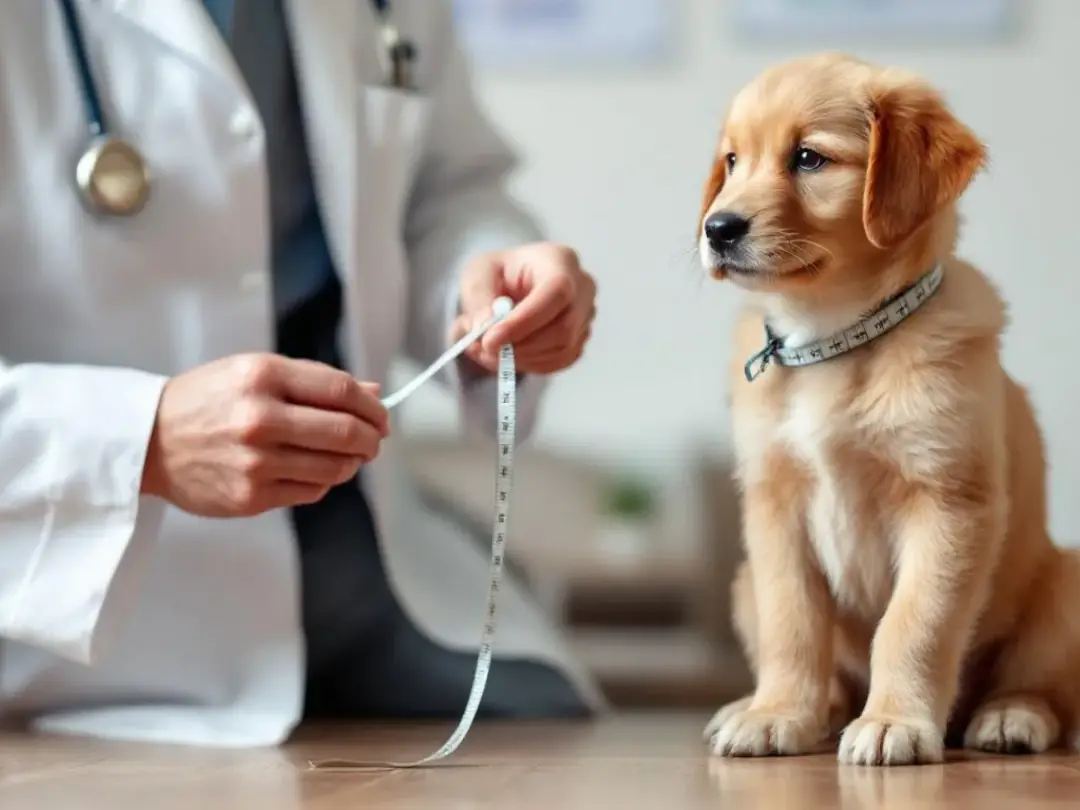 A person is gently measuring a calm puppy's chest with a tape measure while the puppy sits patiently, showcasing the...
