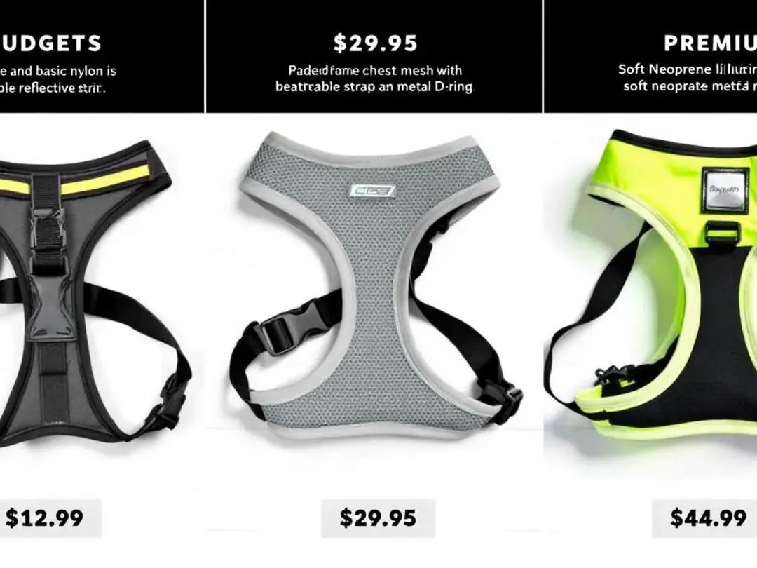 The image displays a side-by-side comparison of three types of puppy harnesses categorized by price: budget, mid-range...