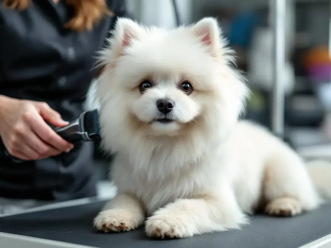 A small, fluffy white dog, possibly a bichon frise or miniature poodle, is being groomed with professional tools...
