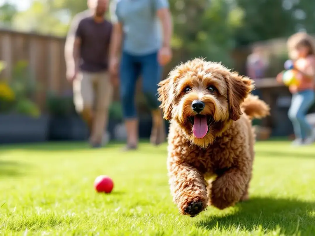 A medium-sized curly-coated dog, possibly a Portuguese Water Dog or a Soft Coated Wheaten Terrier, joyfully plays in a...