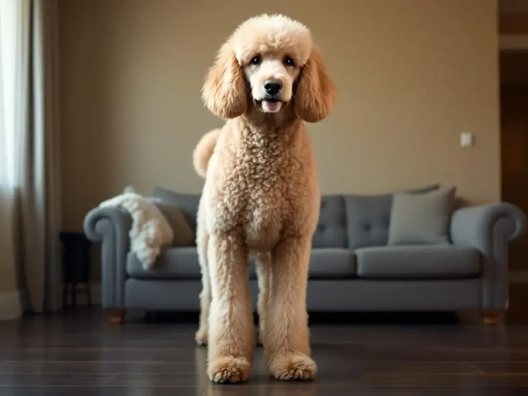 A large standard poodle with a well-groomed curly coat stands proudly in a cozy living room, showcasing its friendly...