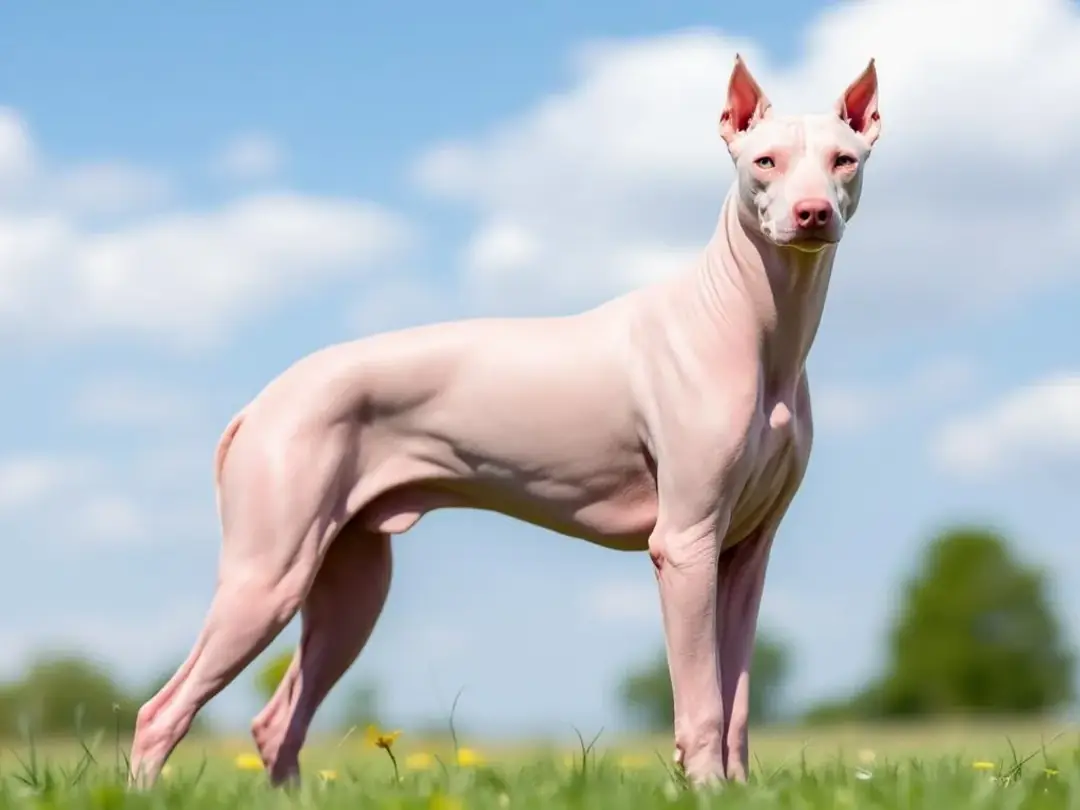 A hairless dog breed with smooth skin stands outdoors, showcasing its unique appearance and friendly nature. This...