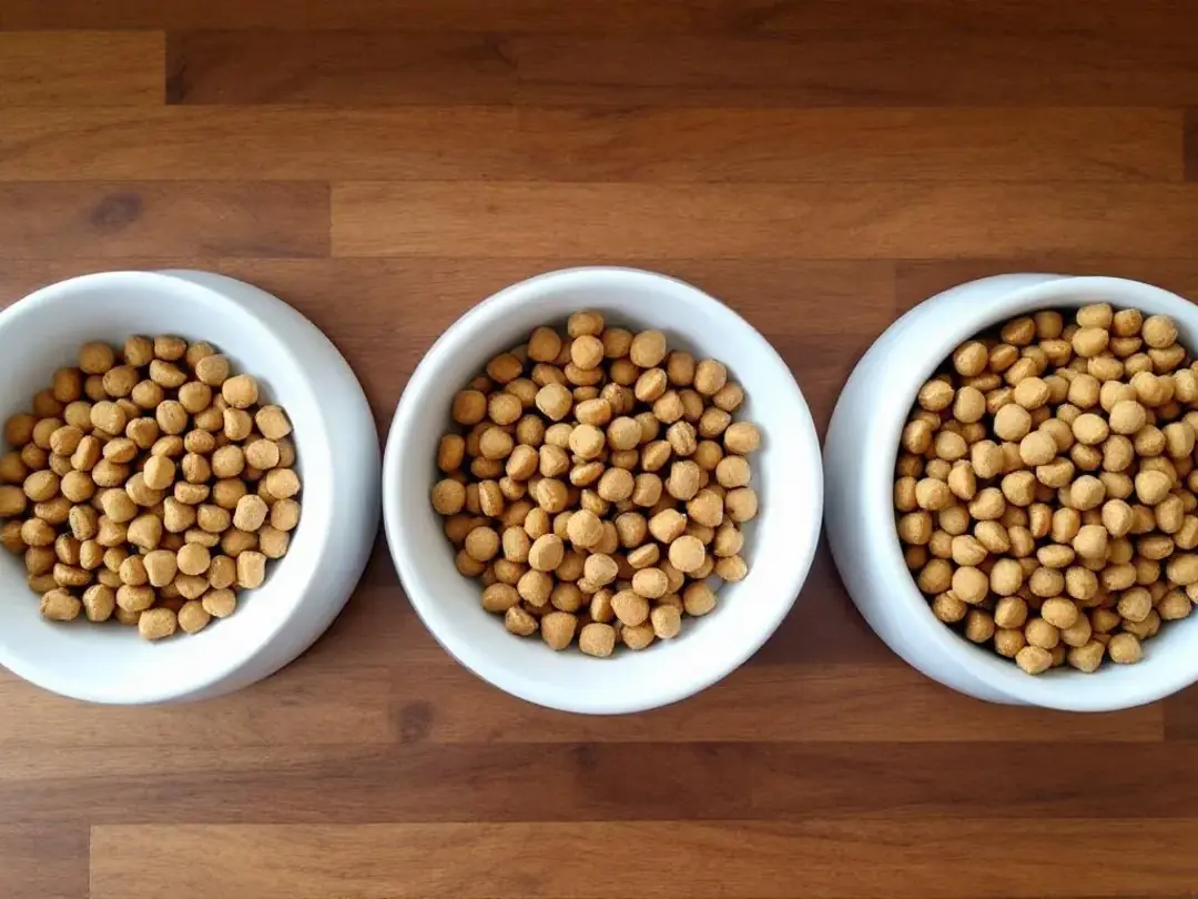The image shows a comparison of kibble sizes placed in feeding bowls tailored for different sized puppies, highlighting...