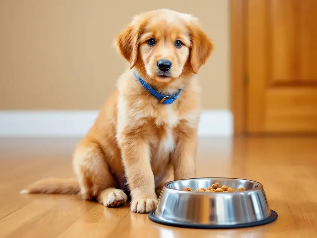 A goldendoodle puppy is sitting upright and eating from a stainless steel bowl filled with dry kibble, showcasing...