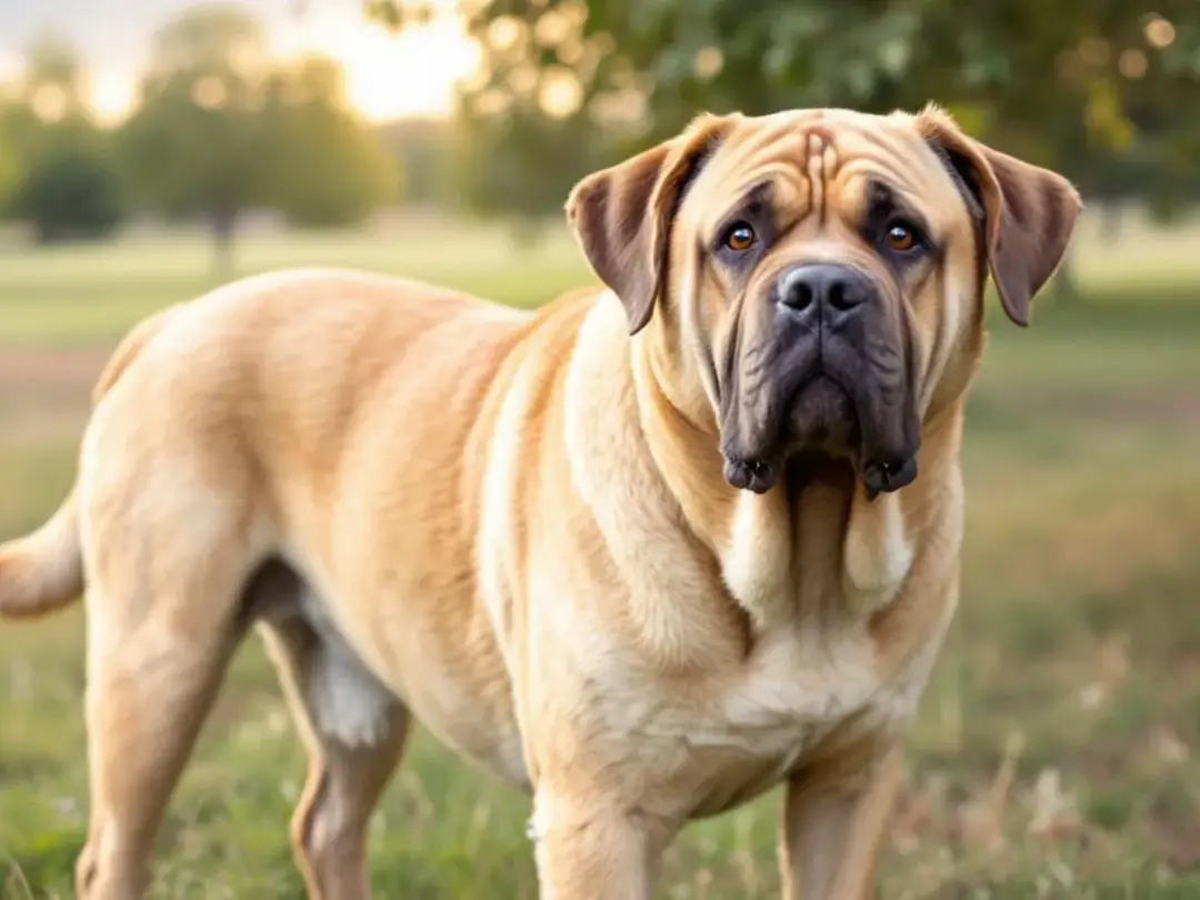 An English Mastiff, one of the largest dog breeds, stands proudly with an impressive size and a gentle expression...