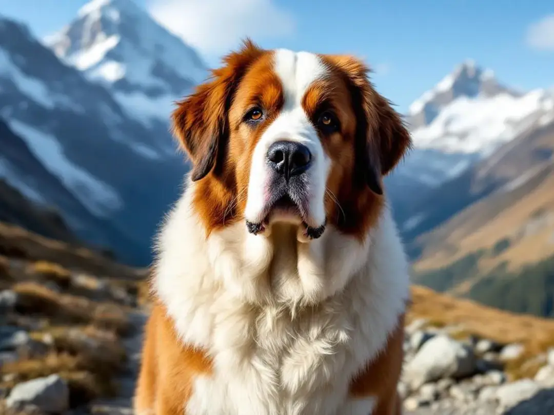 A Saint Bernard, known as one of the largest dog breeds, stands majestically in a mountainous landscape, showcasing its...