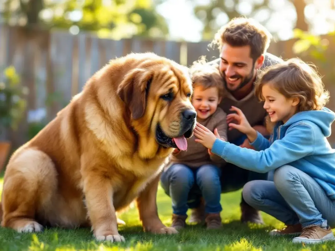 A family interacts joyfully with a gentle giant breed dog, showcasing the affectionate bond between them. The dog...
