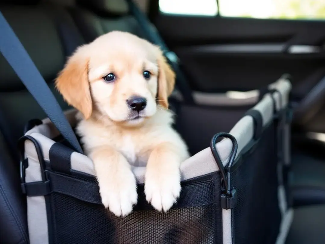 A small puppy is safely secured in a travel crate inside a car, ready to be brought home as a new furry family member...