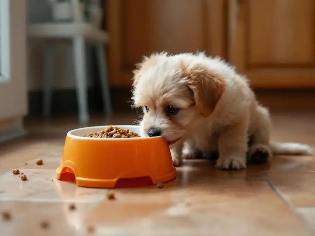 A new puppy is happily eating from a food bowl on a kitchen floor, with a water bowl placed nearby, showcasing the...