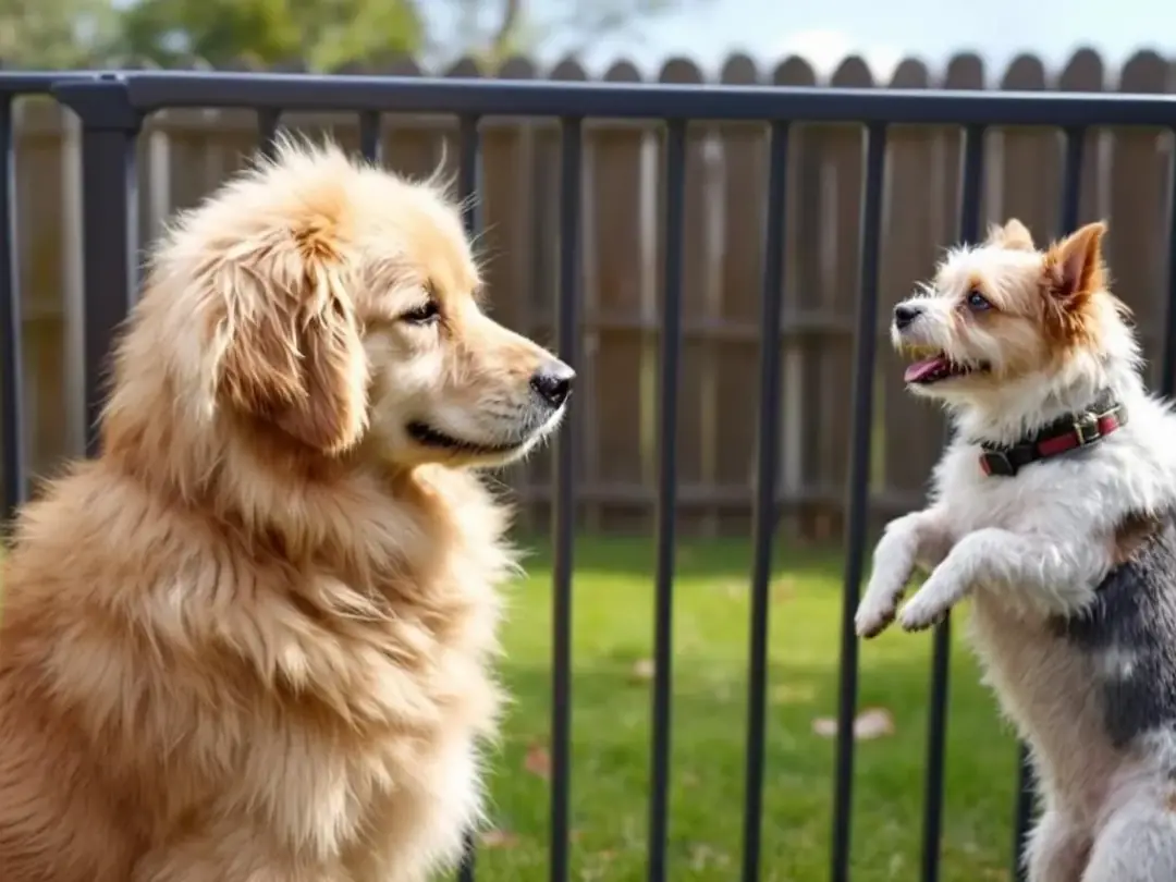 In a controlled setting, an adult dog and a new puppy are meeting for the first time, separated by a baby gate. The...