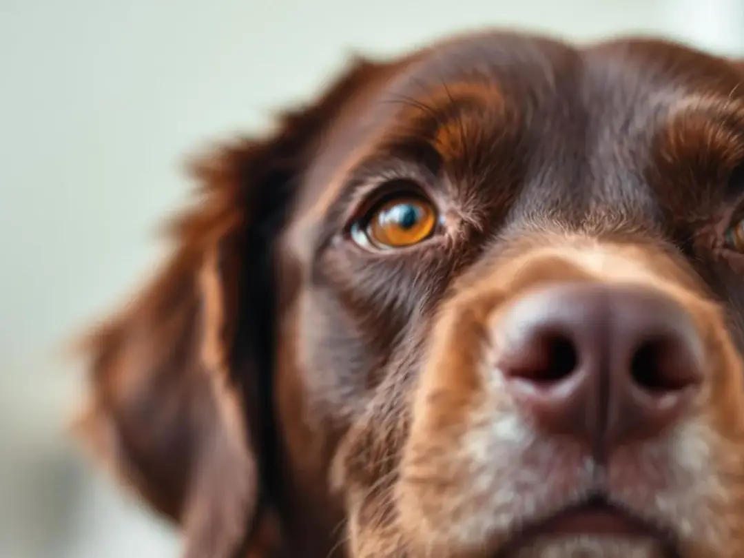 A close-up of a chocolate brown dog's face reveals warm, friendly eyes and a soft, brown coat, showcasing the dog's...