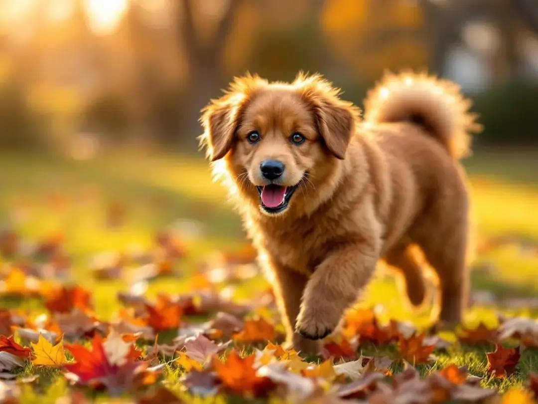 A playful brown female dog joyfully leaps through a pile of colorful autumn leaves, illuminated by the warm golden...