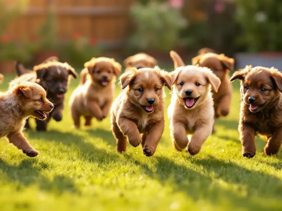 A group of playful brown puppies, showcasing various shades of brown fur, are joyfully interacting outdoors, embodying...