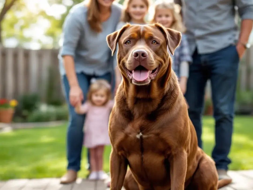 A proud brown dog of mixed breed sits happily with its family in a sunny backyard, showcasing its rich brown coat and...