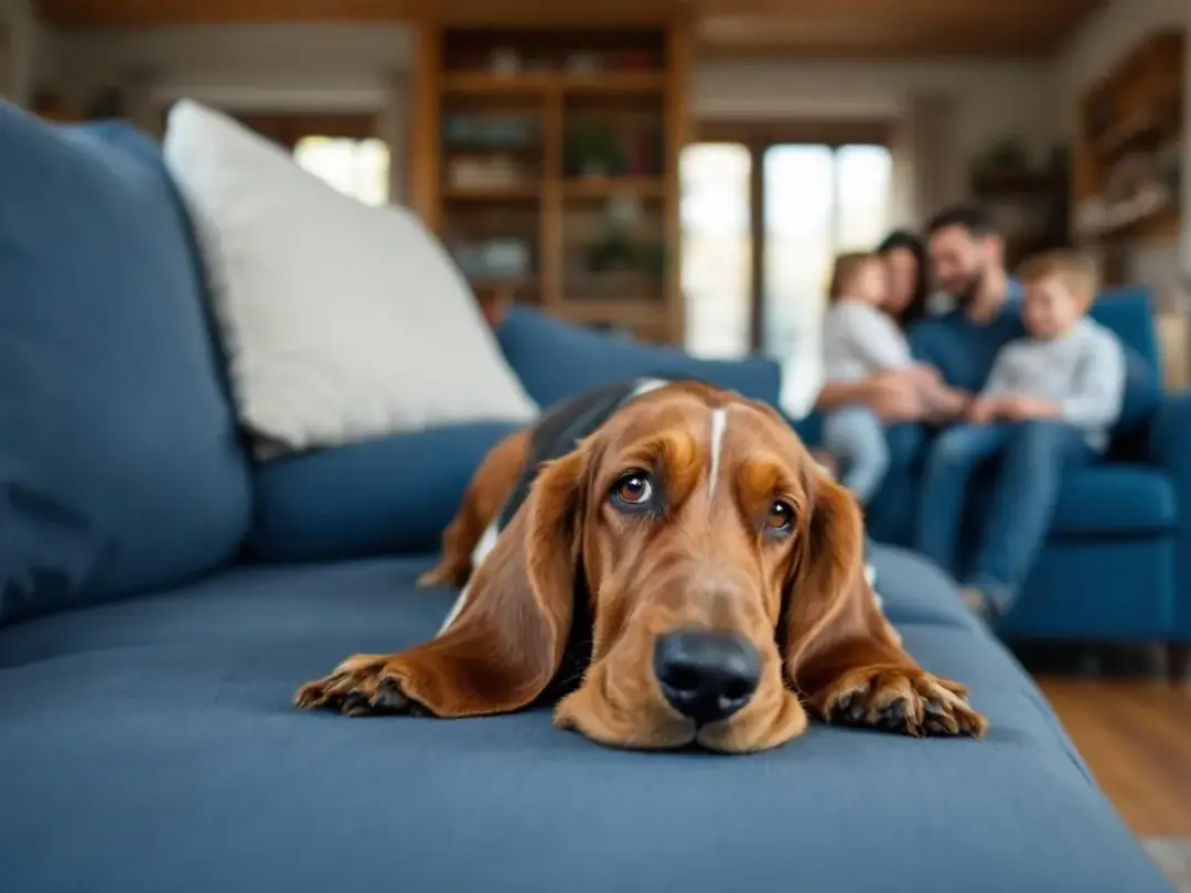 A basset hound with a gentle demeanor is comfortably relaxing on a couch surrounded by family members, showcasing its...