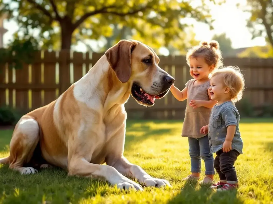 In a sunny backyard, a gentle Great Dane, known for its calm demeanor, plays carefully with small children, showcasing...