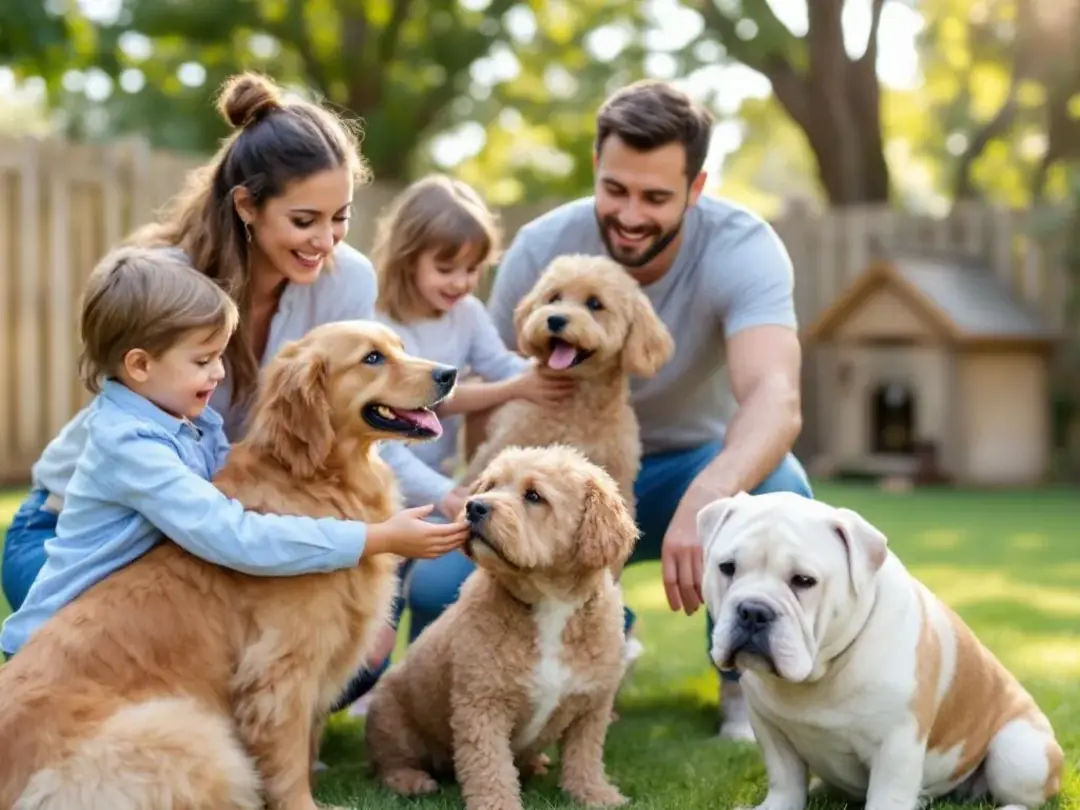 In the image, a family with small children is joyfully interacting with various calm dog breeds, including a golden...