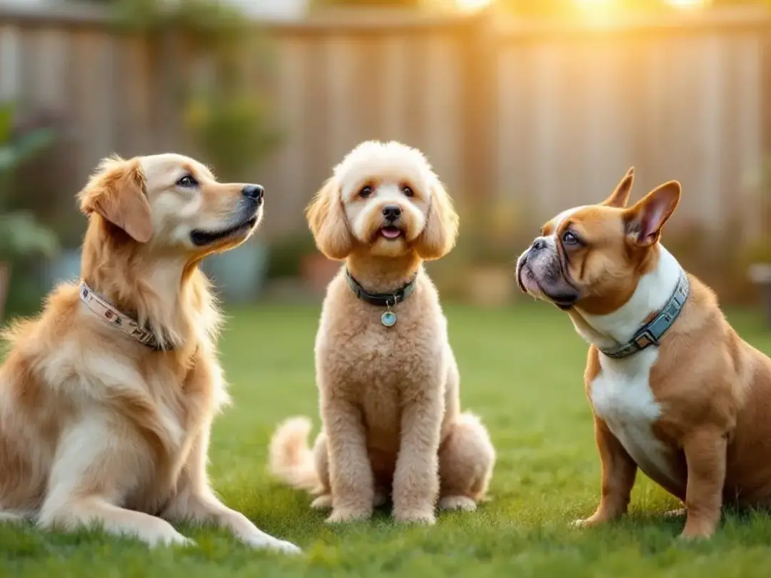 In the image, a calm golden retriever and a gentle basset hound participate in a positive reinforcement training...