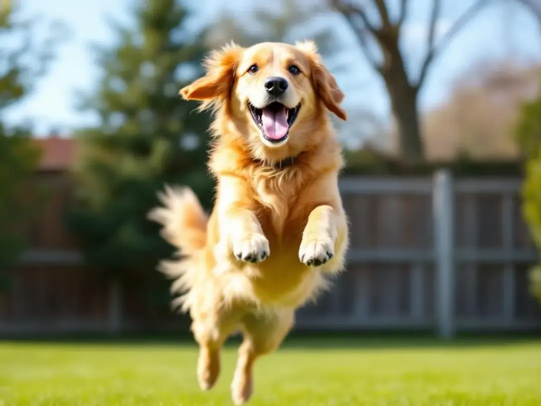 A joyful dog is leaping into the air, displaying excited body language with its tail wagging and ears perked up...