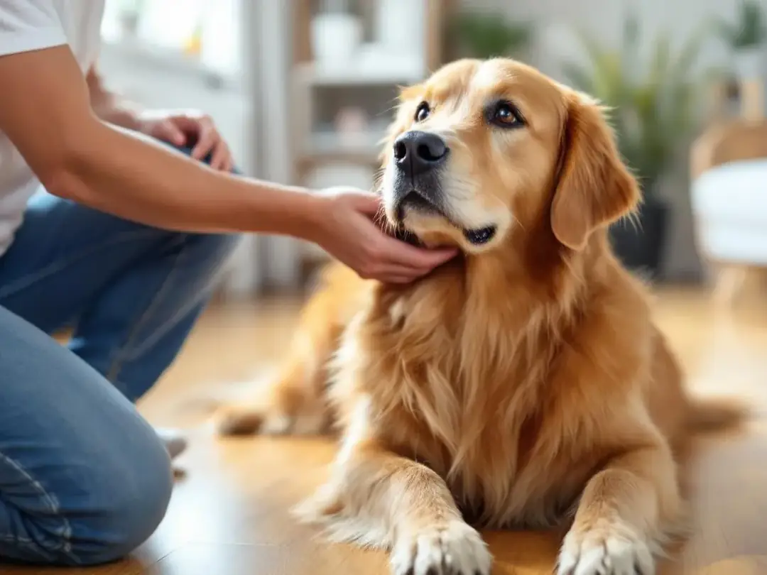 A gentle dog is receiving loving care and attention from its owner, showcasing a moment of emotional connection. The...