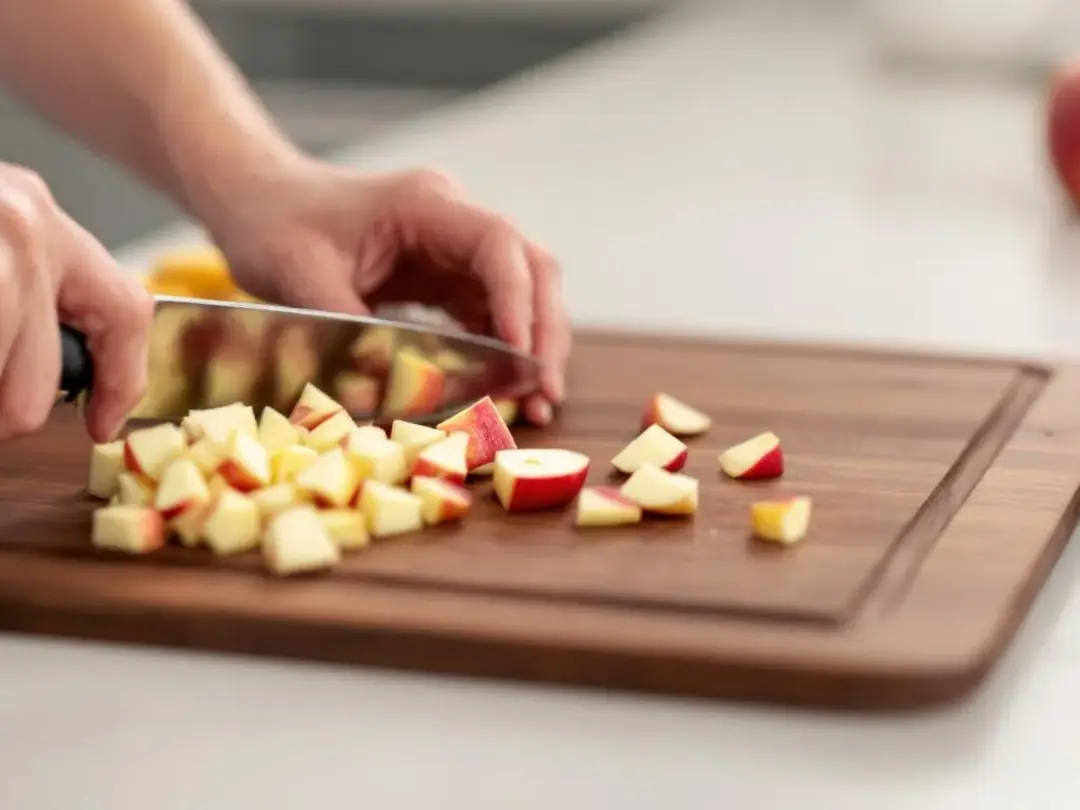 An image shows hands cutting a red apple into small cubes on a cutting board, with the apple core and seeds removed...