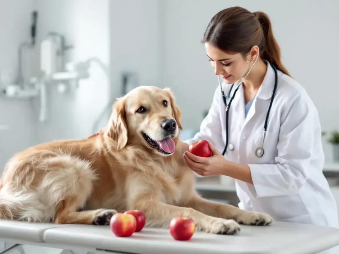 A veterinarian is carefully examining a golden retriever dog while apples are placed on the examination table...