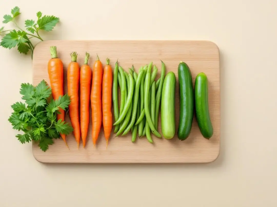 A vibrant assortment of dog-safe vegetables, including bright orange carrots, crisp green beans, and refreshing...