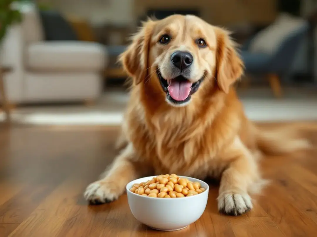 A joyful dog is happily receiving a small portion of plain cooked beans as a treat, showcasing that dogs can eat beans...