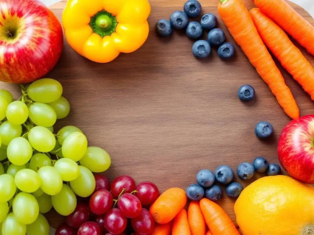 A vibrant assortment of fresh fruits and vegetables, ideal as tasty treats for dogs, is displayed in the image. These...