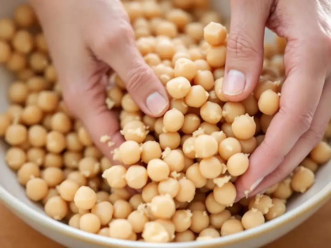 In the image, hands are seen mashing cooked chickpeas in a bowl, showcasing the preparation of a healthy dish, possibly...