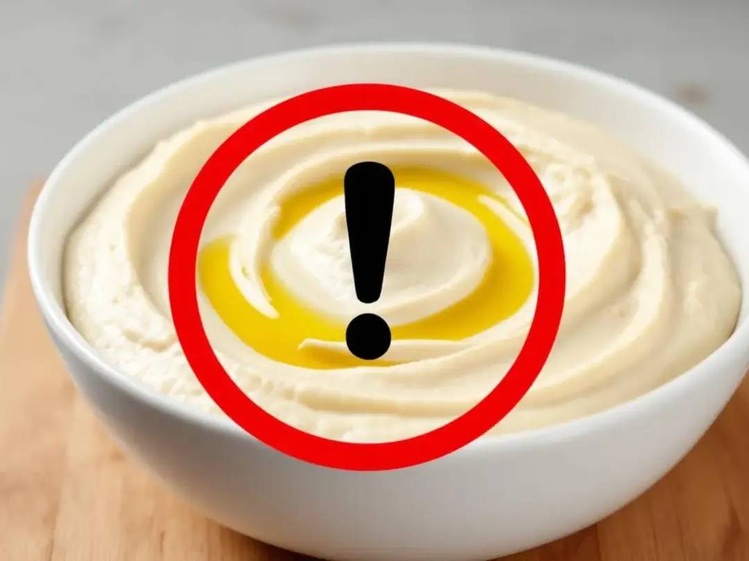 A bowl of creamy hummus, made from cooked chickpeas and blended with lemon juice, is displayed with a warning symbol...