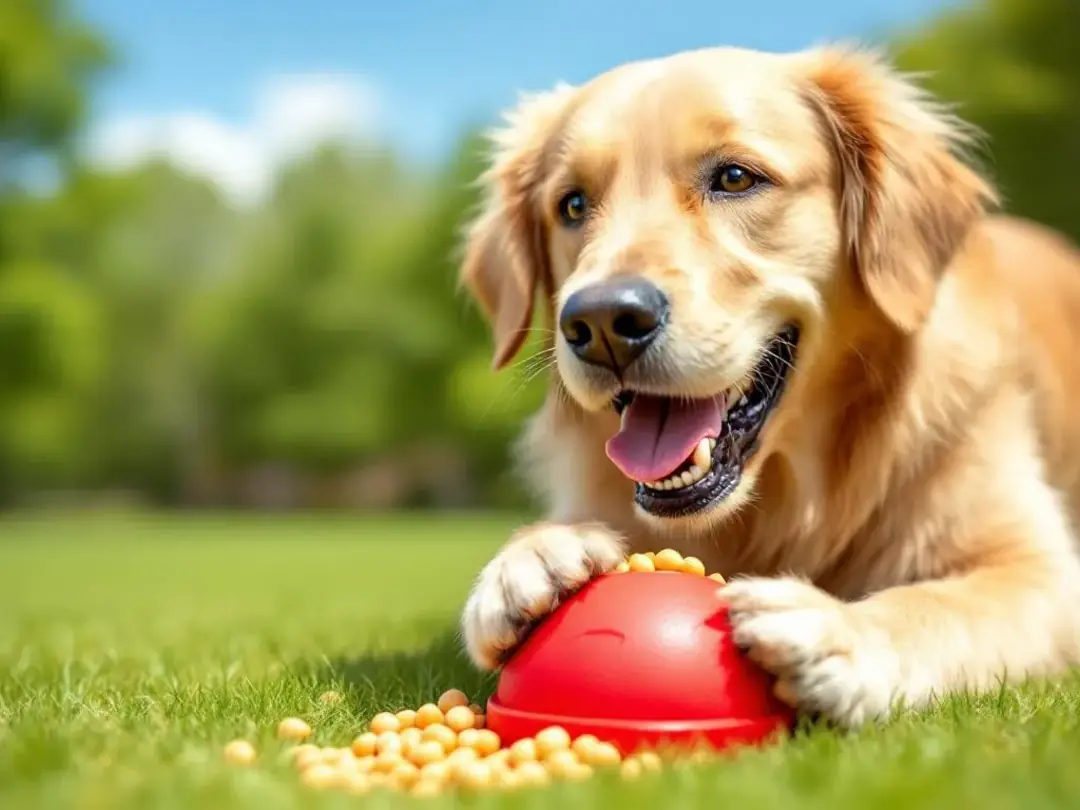 A medium dog is joyfully playing with a Kong toy that is stuffed with cooked chickpeas, also known as garbanzo beans...