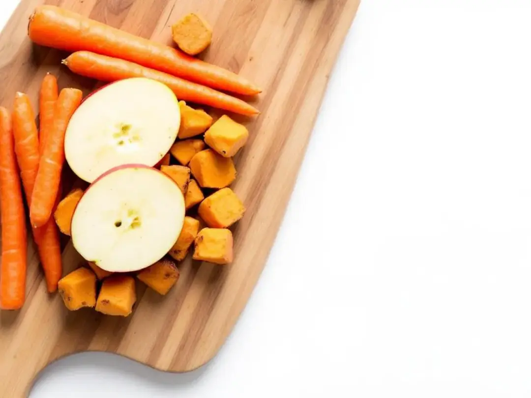A wooden board displays a colorful assortment of healthy dog treats, including fresh carrot sticks, crisp apple slices...