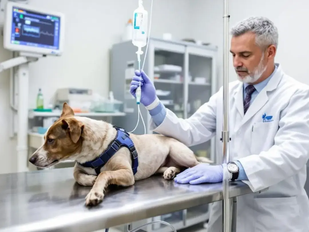 In an emergency clinic, a veterinarian is treating a dog that has ingested chocolate, administering IV fluids to...