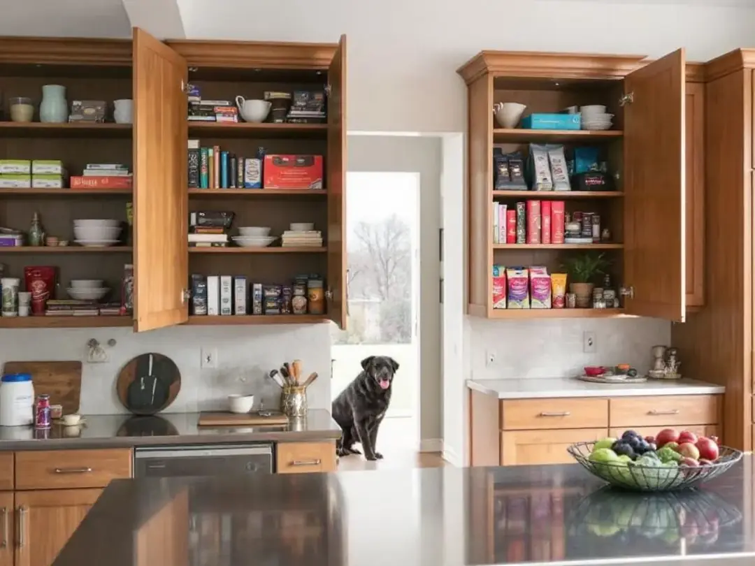 In this image, a well-organized kitchen features various chocolate products, including milk chocolate and cocoa powder...
