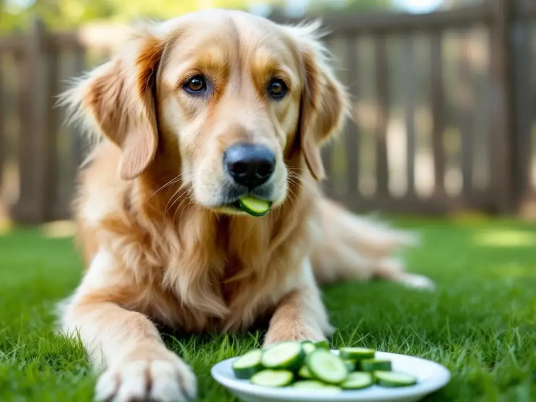 A happy dog is outdoors, safely enjoying bite-sized slices of cucumber, which serve as a healthy snack. The refreshing...