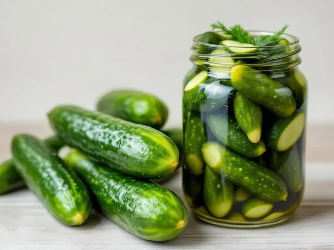 A fresh cucumber sits next to a jar of pickles, highlighting the contrast between the raw vegetable and its pickled...