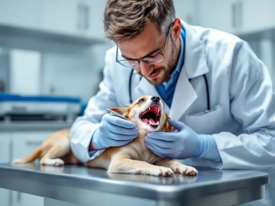 A veterinarian is closely examining a dog's gums during a checkup, checking for signs of pale mucous membranes that may...
